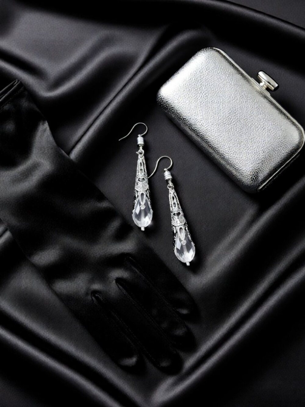 Silver Filigree Clear Sparkling Dangle Earrings ~ Winter Party Holiday Events